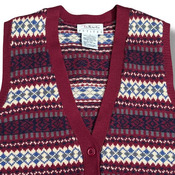Vintage Petite Fair Isle Knit Sweater Vest Burgundy Red Argyle Wool Button Front - Picture 6 of 10